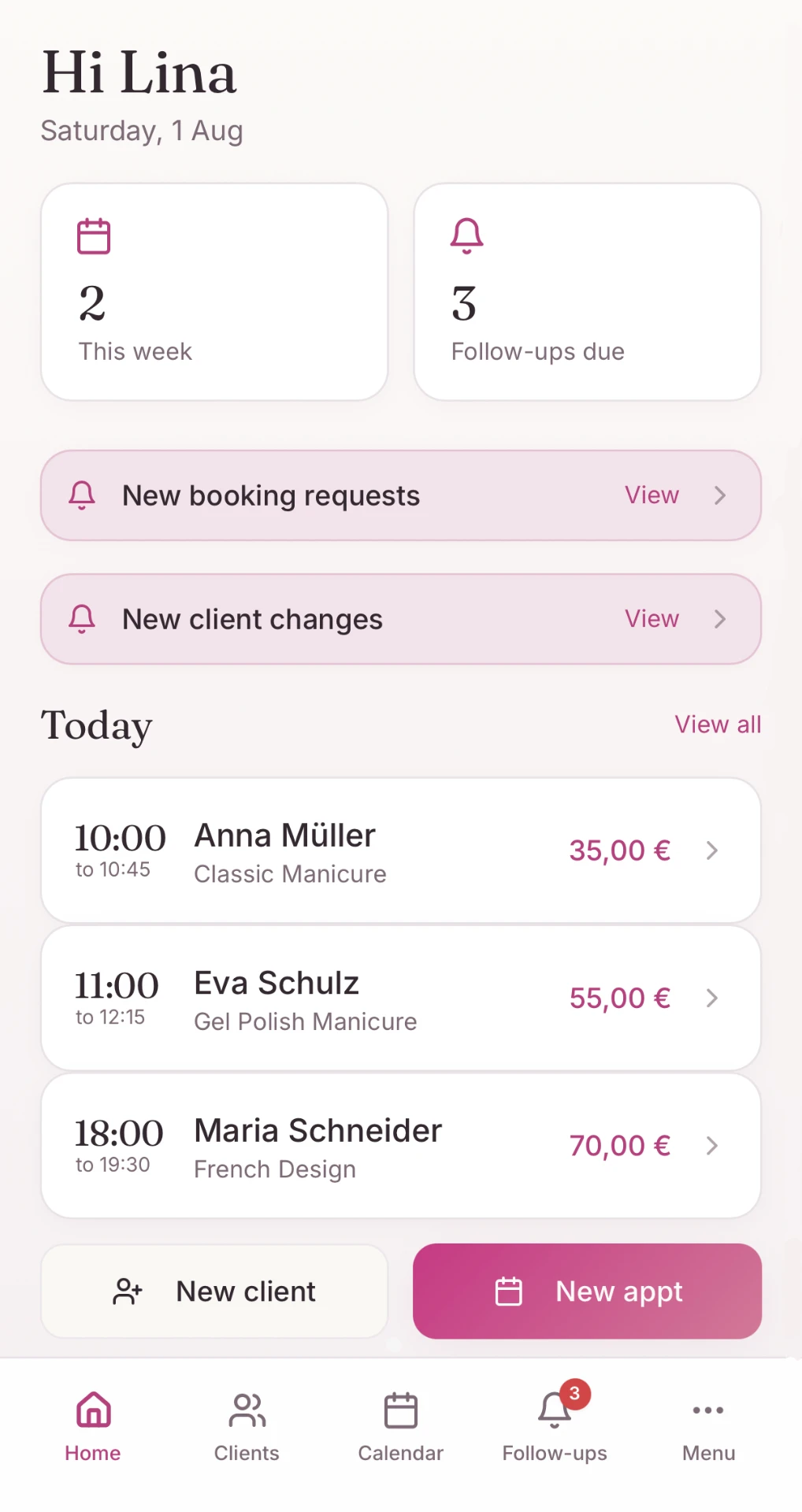 Rebooky home screen for Studio Lina showing appointments this week, follow-ups due, new booking requests and today's appointments.